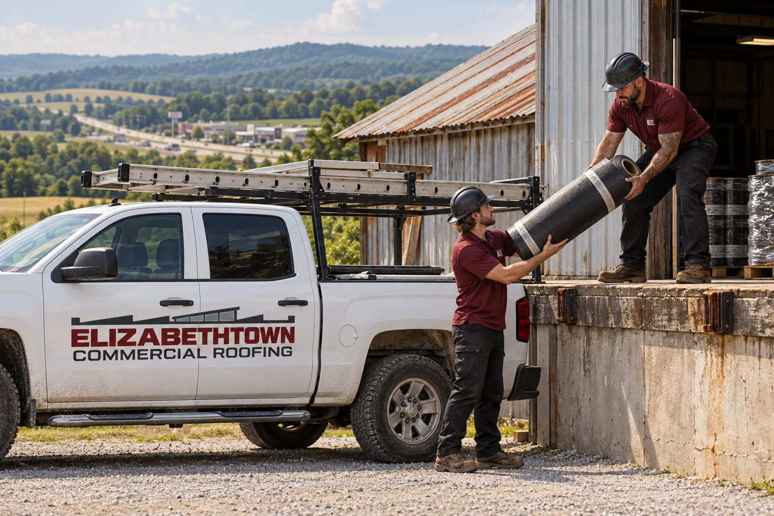 Roofing crew in logo uniforms staging materials beside a work truck at a commercial building